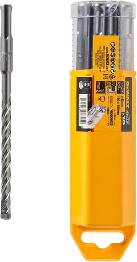 DeWalt SDS-Plus boor naast een gele verpakking met meerdere boren.