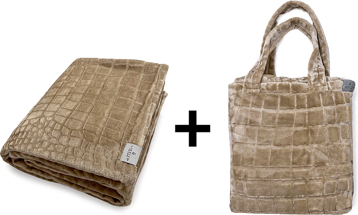 LINNICK Flanel Fleece Deken Crocodile - Shady Sand - 200x220cm - Fleece Plaid - Fleece Deken 200x220