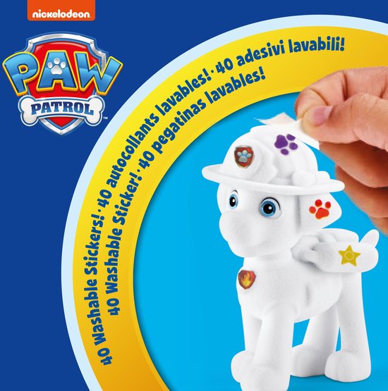 Paw Patrol Washimals puppy met stersticker op de helm en pootafdruksticker.