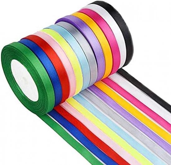12 pièces - Ruban de satin - 22 m par ruban - 1 cm de large - Rubans - Ruban cadeau - emballage cadeau - blanc, rose, rose-rose, couleur or, vert, bleu aqua, violet clair, rouge, bleu saphir, noir, gris, orange - 12 couleurs