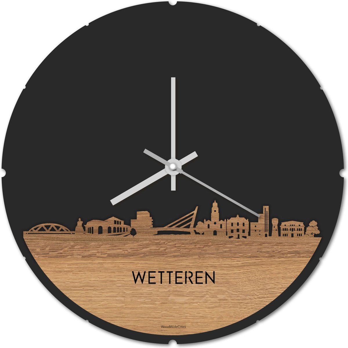 Skyline Klok Rond Wetteren Eikenhout - Ø 44 cm - Stil uurwerk - Wanddecoratie - Meer steden beschikbaar - Woonkamer idee - Woondecoratie - City Art - Steden kunst - Cadeau voor hem - Cadeau voor haar - Jubileum - Trouwerij - Housewarming -
