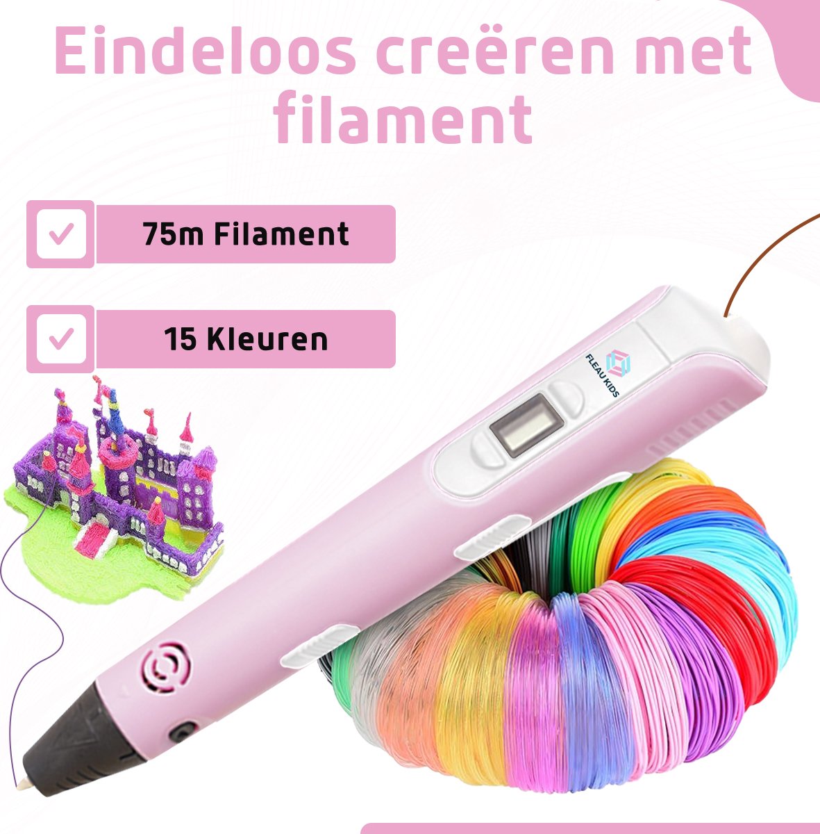 Fleau Kids 3D Pen Starterspakket Roze XL - 75m Filament - 15 Kleuren Vullingen + Vele Extra's - 2025 USB-C Model - Knutselen en Tekenen - 3D Printen - Tekenset — afbeelding 9