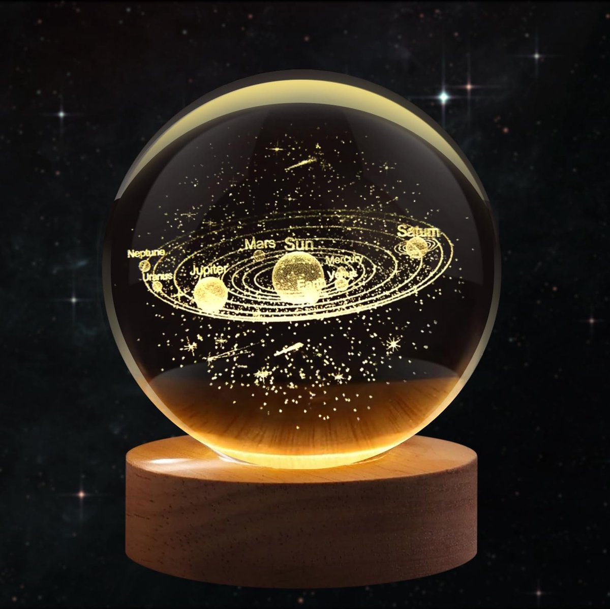 3D Kristallen Bal Zonnenstelsel - Nachtlampje - LED Glas Licht Hologram lamp met Massief Houten Basis - Nachtlamp - Cadeau idee - Verlichting - USB aansluiting - Woondecoratie-6 cm