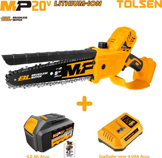 Mini tronçonneuse Tolsen sans balais Industrial - 20 V Li-ion - 400 W - Longueur du guide-chaîne : 200 mm - Vitesse de chaîne : 7,5 m/s - Lubrification automatique de la chaîne - 1 batterie de 4,0 Ah et 1 chargeur rapide inclus
