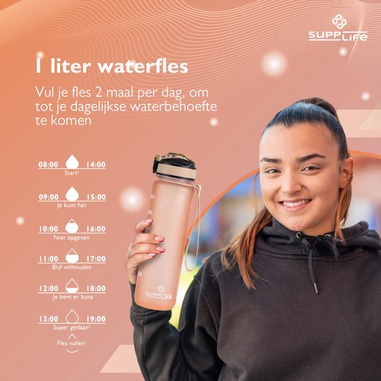 Bouteille d'eau - Sport Motivation - 1L - Tritan sans BPA - Marqueur de temps - Mixte - Sport