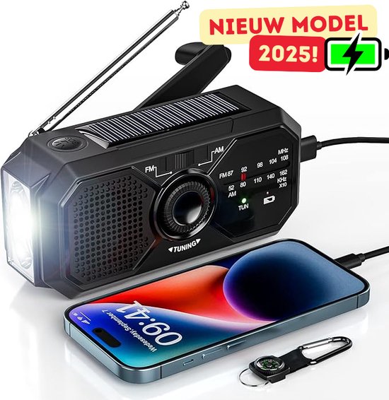 Noodradio Solar Opwindbaar - ADVIES VANUIT OVERHEID - Model 2025 - Noodpakket - Solar Powerbank - Radio op Batterijen - Zaklamp - Powerbank Zonneenergie - Nood radio Opwindbaar - Zwart