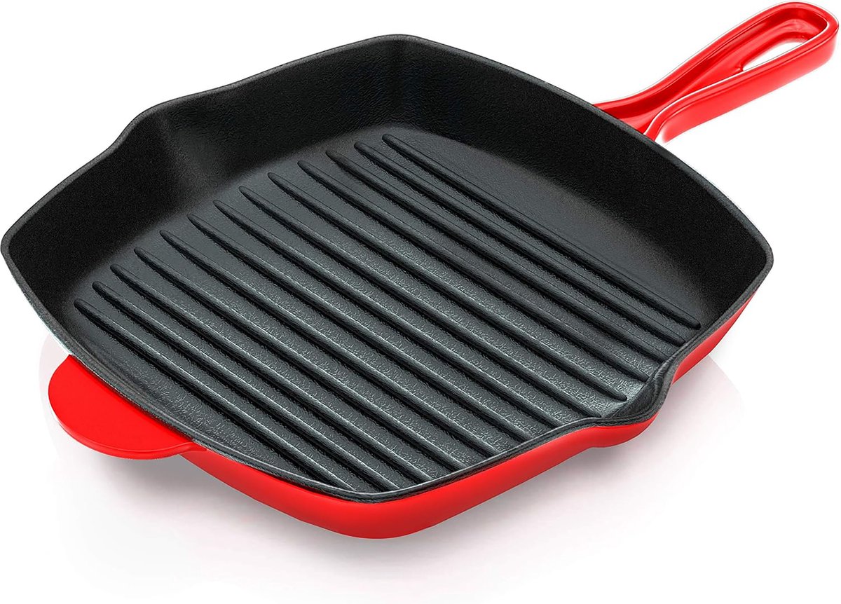 NutriChef Inductie Grillpan – 28 cm Geëmailleerde Gietijzeren Skillet-Vierkante Koekenpan met Druppellip- Geschikt voor Alle Kookplaten- Perfecte Grillstrepen