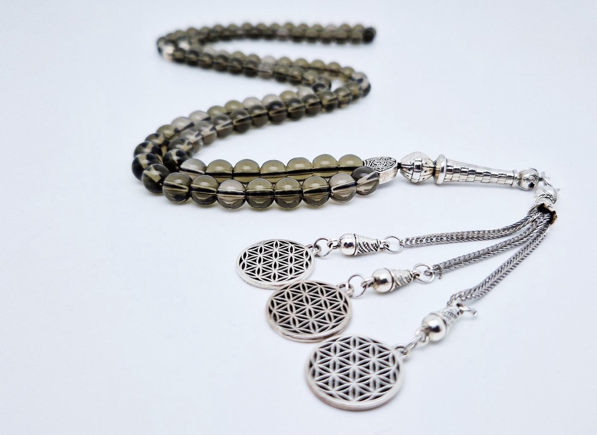 Handgemaakte tesbih "Tasbih" natuursteen " Rookkwarts" - Aantal kralen 99 - Diameter kralen 8MM - met metaal tassel "Harmonie" - Een mooi cadeau-idee