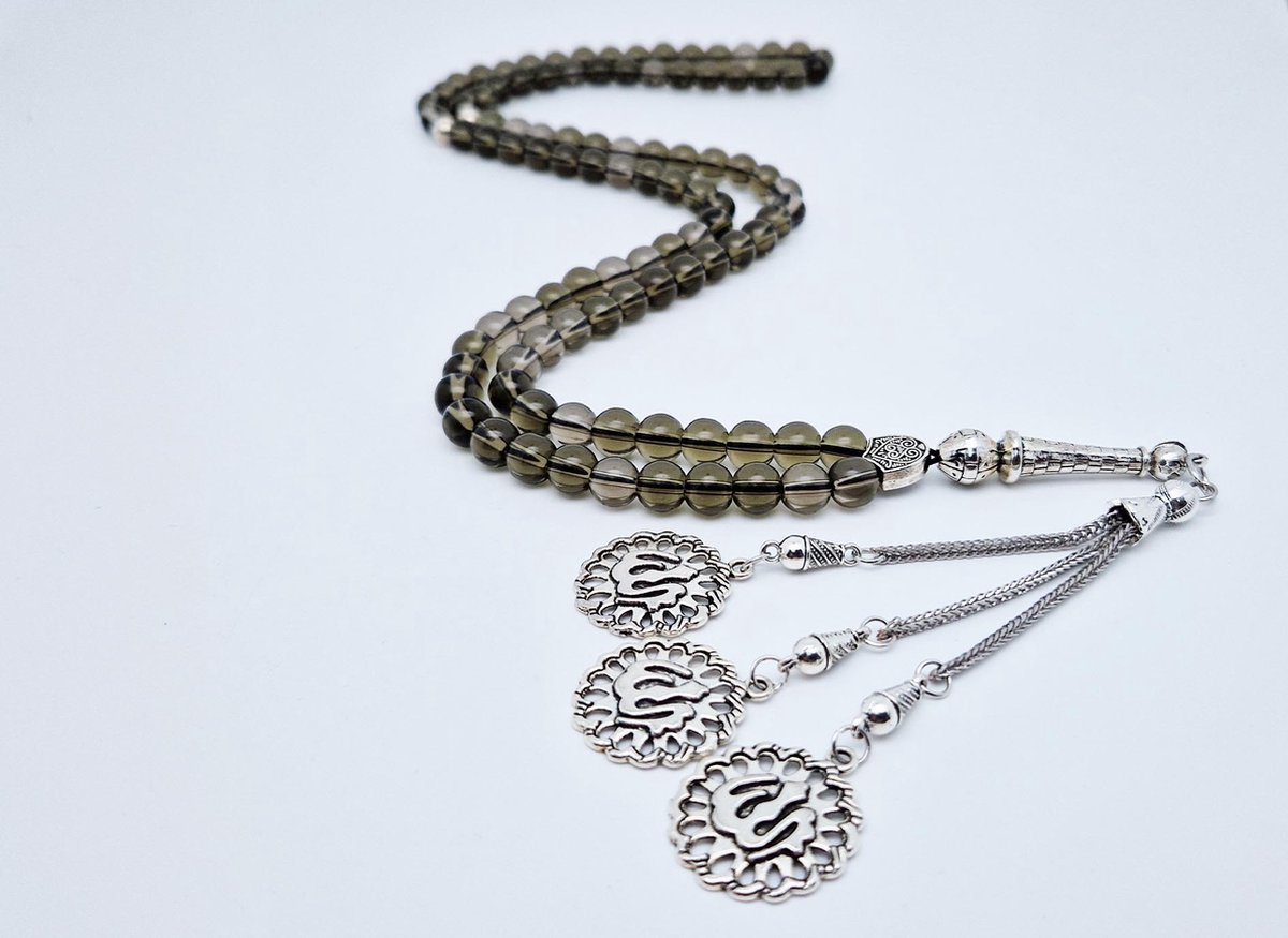Handgemaakte tesbih "Tasbih" natuursteen " Rookkwarts" - Aantal kralen 99 - Diameter kralen 8MM - met metaal tassel "Allah Muzakhrafa" - Een mooi cadeau-idee