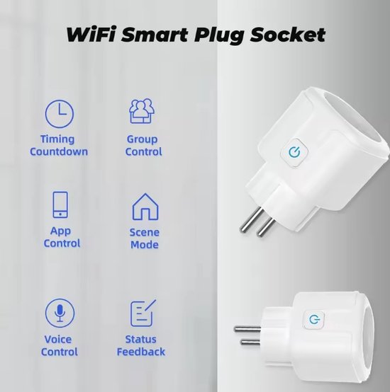 Iconen voor timing, groepscontrole, app-bediening, scène modus, spraakbesturing en statusfeedback naast witte slimme stekkers.