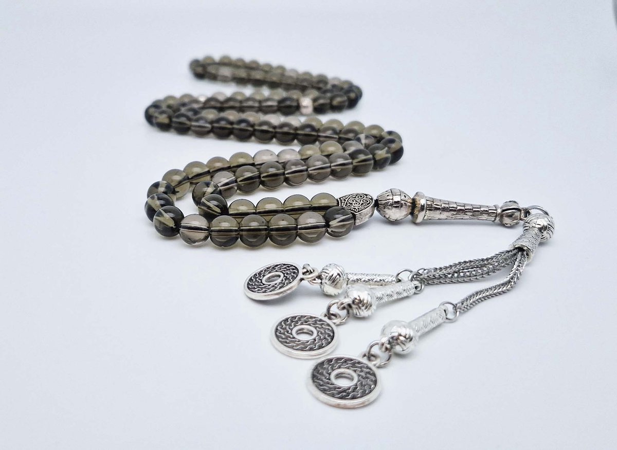 Handgemaakte tesbih "Tasbih" natuursteen " Rookkwarts" - Aantal kralen 99 - Diameter kralen 8MM - met metaal tassel "Omarmen" - Een mooi cadeau-idee