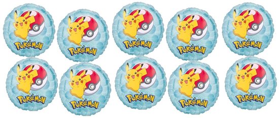 Tien ronde folieballonnen met Pikachu en Pokémon logo op lichtblauwe achtergrond.