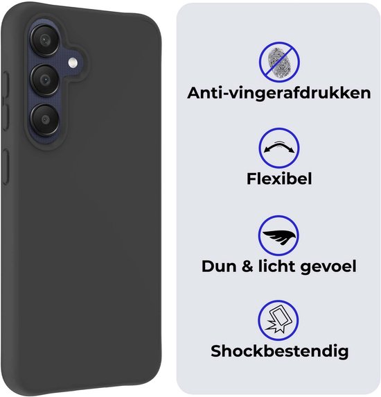 Zwarte telefoonhoes met iconen voor anti-vingerafdruk, flexibel, dun & licht, en schokbestendig.