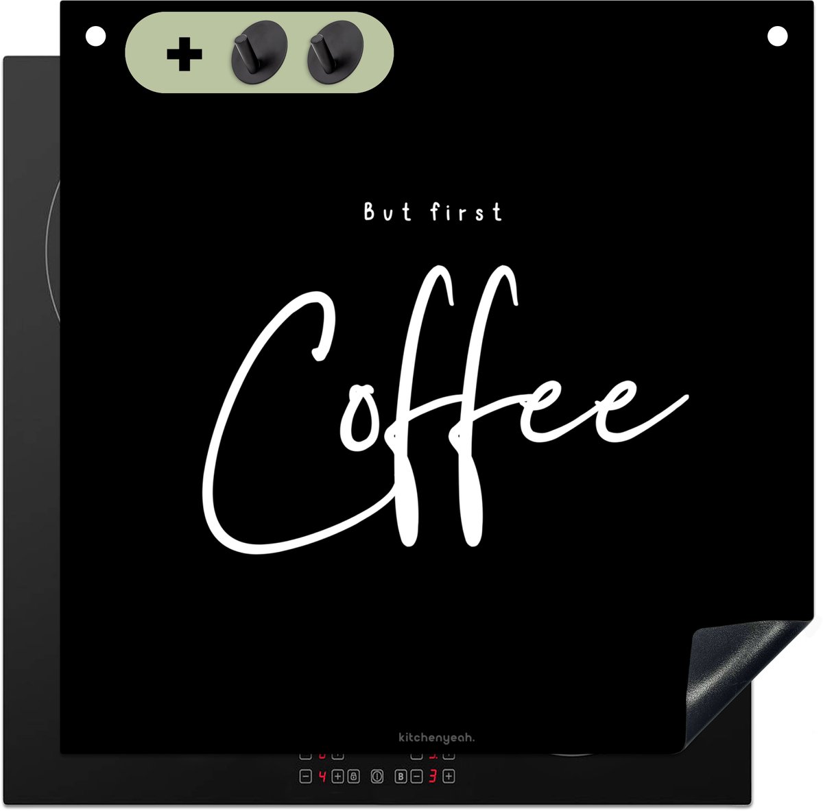 KitchenYeah® Inductie beschermer 58x59 cm - Zwart - Quote - But First Coffee - Kookplaataccessoires - Afdekplaat voor kookplaat & Spatscherm achterwand - Inductiebeschermer - Inductiemat - Inductieplaat mat - Keuken decoratie
