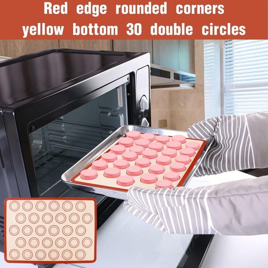 Handen met ovenwanten plaatsen een bakplaat met macarons in een oven. Rode macaron bakmat met 30 cirkels. Tekst: "Red edge rounded corners yellow bottom 30 double circles".