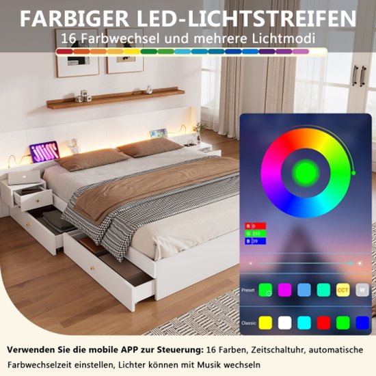 Lit double blanc avec éclairage LED dans la tête de lit et une application pour choisir les couleurs. Prend en charge 16 couleurs et modes d'éclairage.