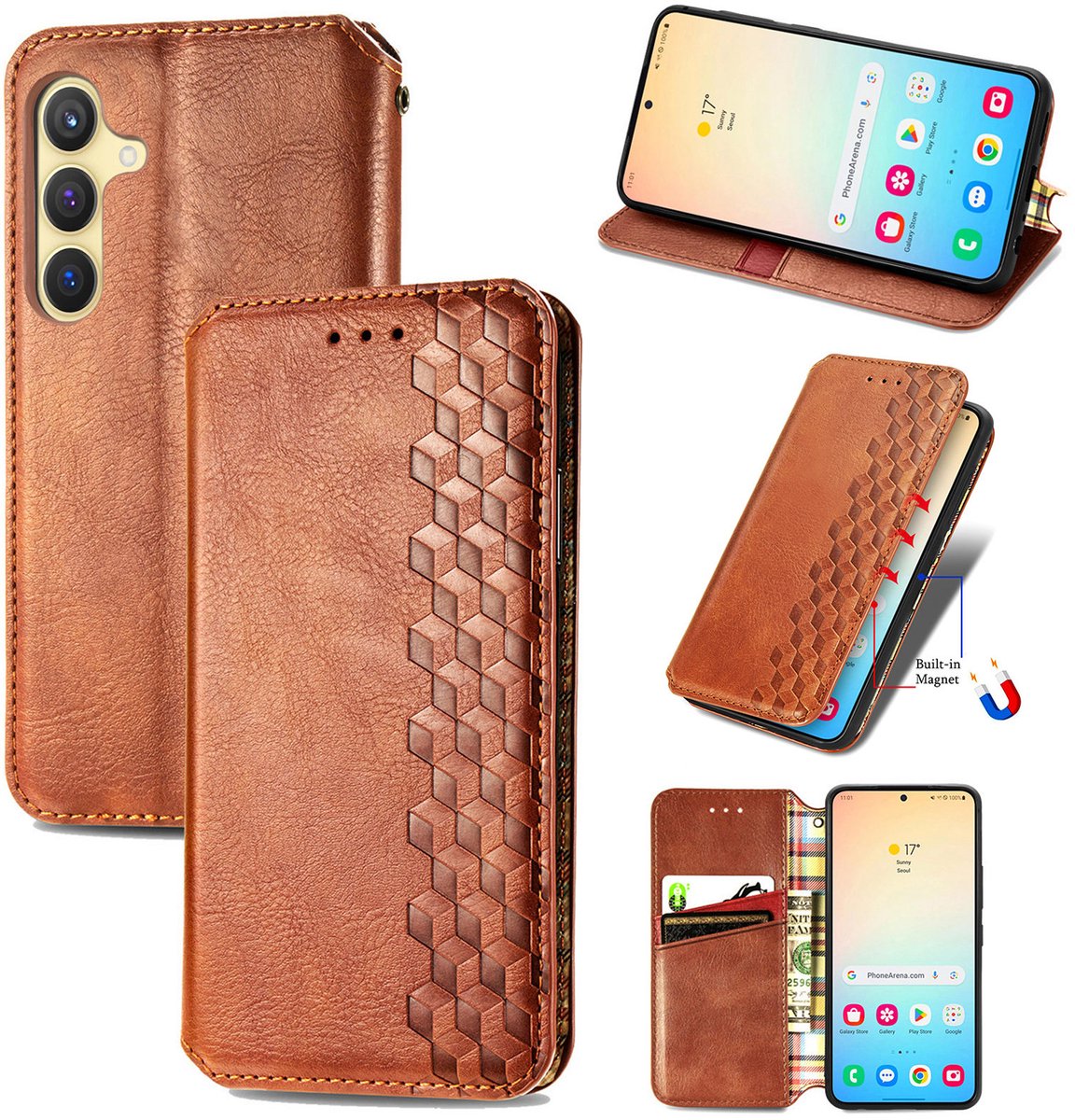 Luxe PU Lederen Ruitpatroon Wallet Case + Screenprotector voor Galaxy S24 _ Bruin