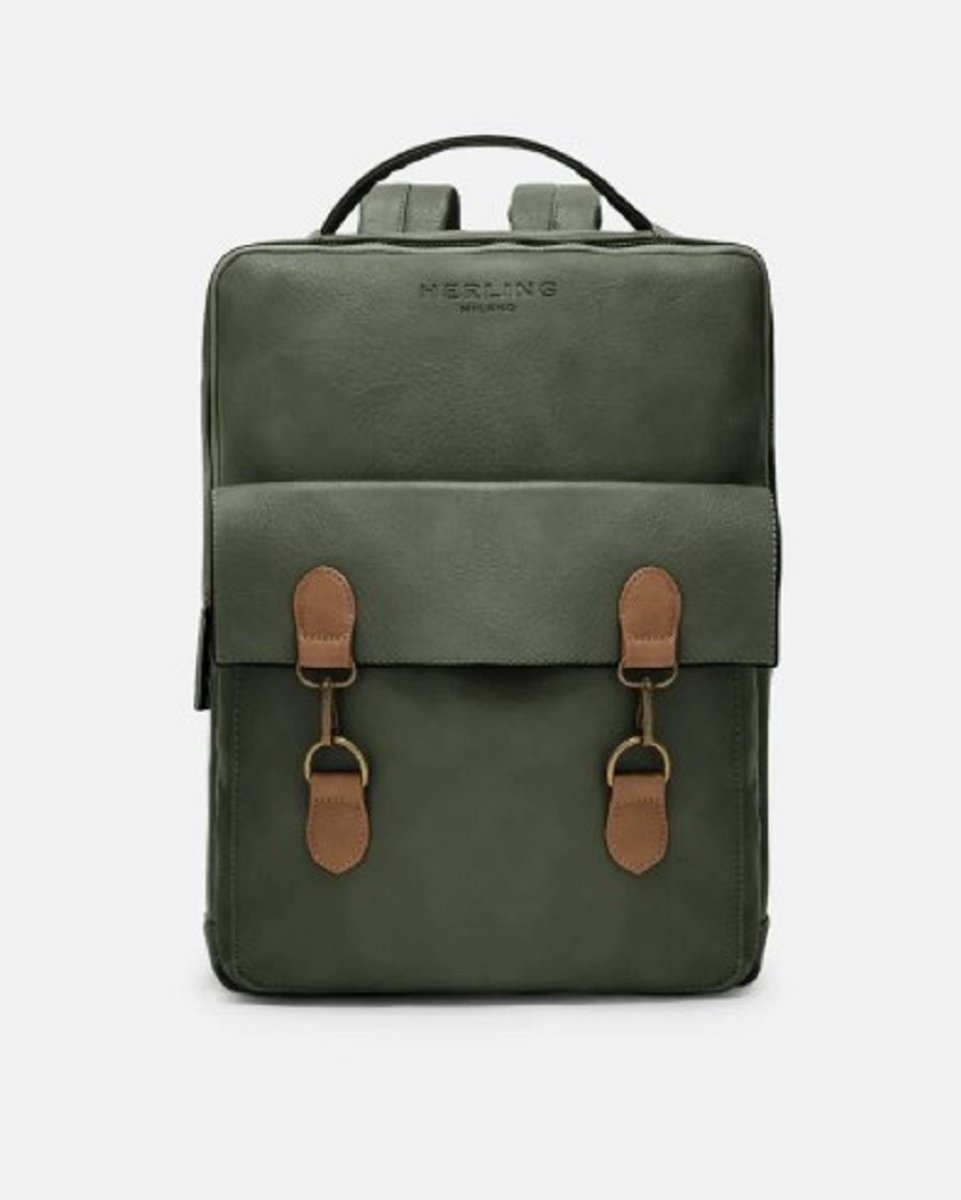 Rugzak - Reizen - Back to school - Wandelen - Herling - Magnus - Uniseks - Vintage stijl - Pewter Green/Koffie bruin - Hoogwaardig Pu leder