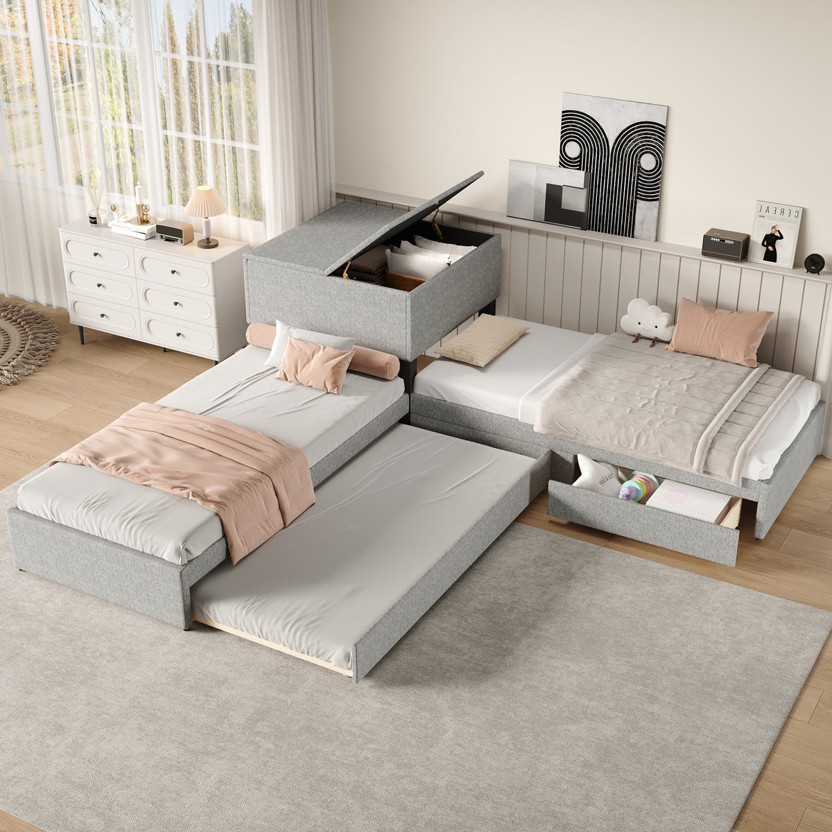 Sweiko Kinderbed - 90x200 cm*2 - Hoekbed - Met uitschuifbed + opbergkast + laden - Zonder matras - Linnen - Grijs