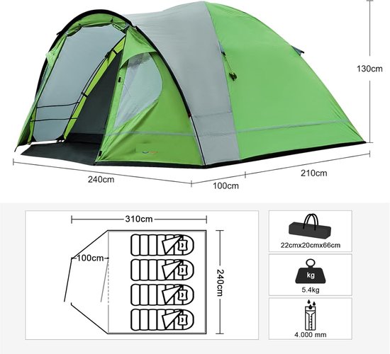 Tent 3-4 perosonen, waterdicht, 4000 mm, koepeltent met voortent, familietent, festivaltent voor camping, reizen, trekking, tuin — afbeelding 2