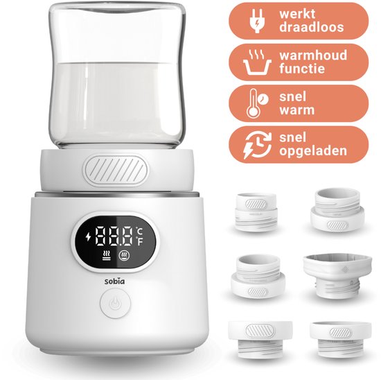 NIEUW! Sobia® Draagbare Flessenwarmer - Oplaadbaar - Flessenwarmer Onderweg - 6 Adapters en 4 standen - USB-C