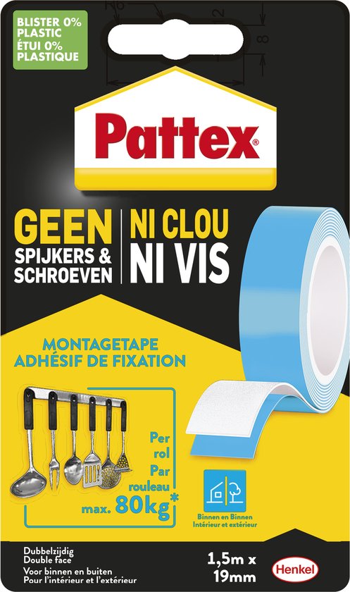 Pattex Montagetape dubbelzijdig 80kg | Voor binnen gebruik| 1.5m Dubbel Montage tape | Dubbelzijdige Plak-tape.