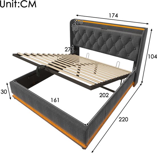 Merax Tweepersoonsbed 160x200 cm met Hydraulisch Opbergruimte - Gestoffeerd Bed met 360° LED Verlichting en USB Type-C Oplaadfunctie - Grijs