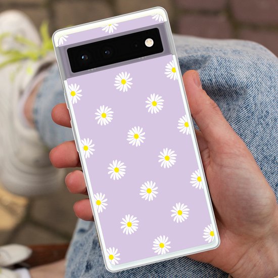 Coque de téléphone compatible avec Google Pixel 6 - Marguerites - Pastel - Wit - Violet - Fleurs - Coque en Siliconen