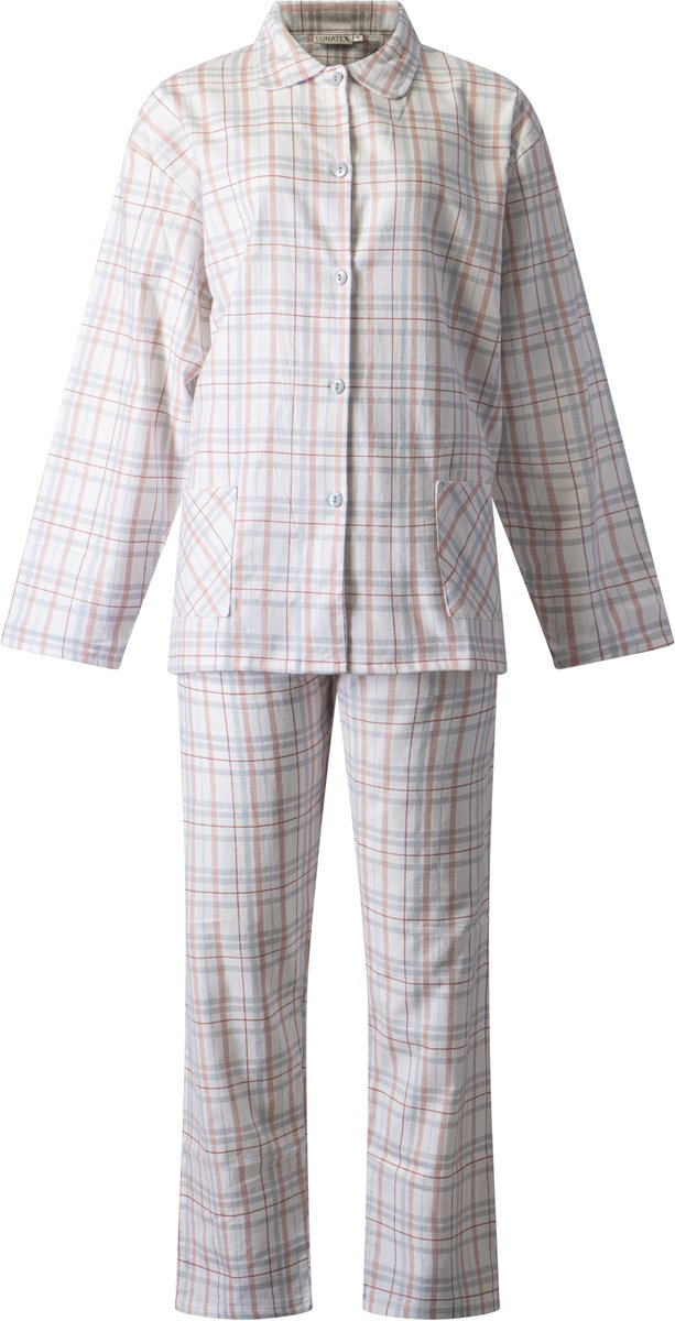 Lunatex klassieke dames pyjama 641776 - flanel - wit met roze