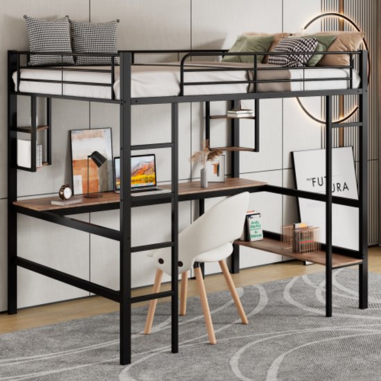 Hoogslaper 90x200cm Met L-vormig Bureau - Metalen Bedframe Wit Voor Kinderen En Volwassenen