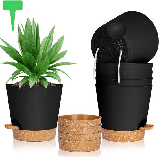 CSYY Bloempot, 7 stuks, kunststof, met irrigatiesysteem, 20,3/19/17,7/16, 5/15,2/14/12,7 cm, zelfbewatering, sierpot met onderzetter, voor binnen en buiten