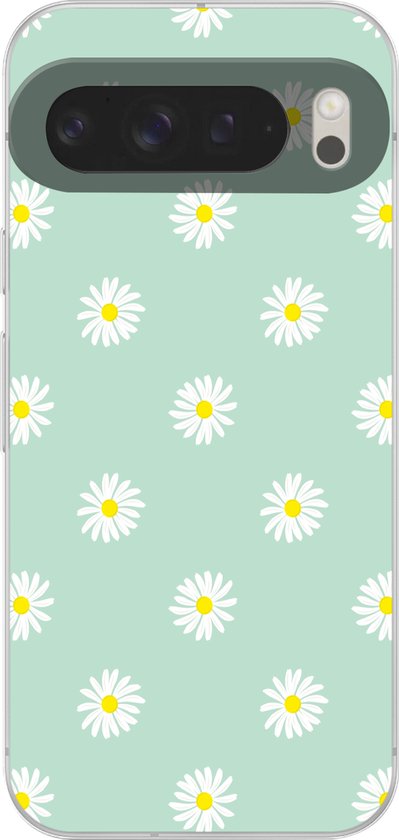 Telefoonhoesje Geschikt voor Google Pixel 9 Pro XL hoesje - Madeliefjes - Pastel - Wit - Groen - Bloemen patroon - Siliconen Telefoonhoesje Telefoonhoesje
