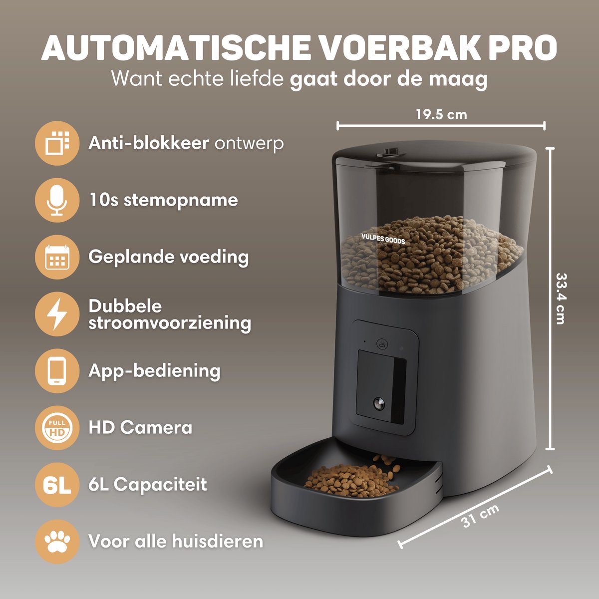PF4-6L Automatische Krokettendispenser voor Katten, Dubbele WiFi Camera, Draaibaar Zicht & IA Volging, Roestvrijstalen Voerbak, Langzame Voeding, Programmeerbaar & Portioneerbaar, Reservebatterij