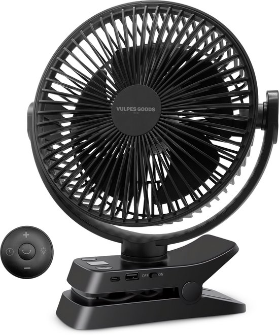 Vulpes Goods® Tech - Tafelventilator MAX - Ventilator - Oplaadbaar & Draadloos - Stille USB Ventilator met Afstandsbediening - 5 Snelheden & Verlichting - Ultra Stil - 12000 mAh & Powerbankfunctie - Zwart