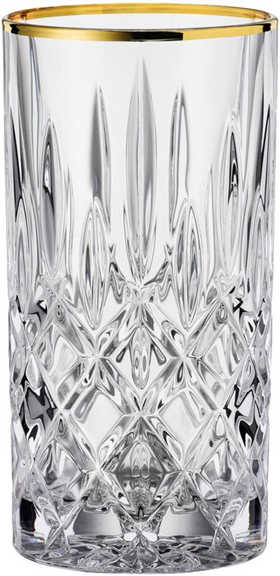 Grand verre en cristal avec bordure dorée et motif en losange.