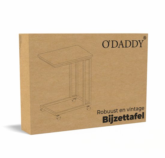 O'DADDY Bijzettafel Robuust en vintage: schets van een tafeltje met houtnerf blad en zwart metalen frame met wielen.