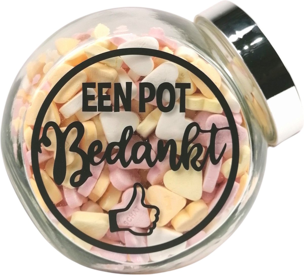 Snoeppot "Een pot Bedankt" bedankje, bedankt cadeautje, gevuld met vruchtenhartjes
