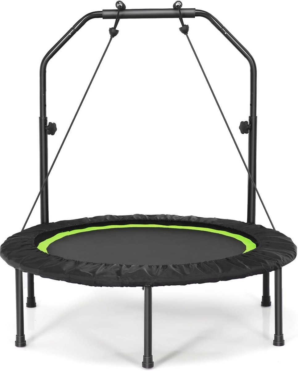Opvouwbare fitness trampoline 101 cm, jumper met veiligheidsstang, 2 weerstandsbanden, verstelbare hoogte 107,5 - 130,5 cm, stalen frame, belasting 150 kg, binnen & buiten