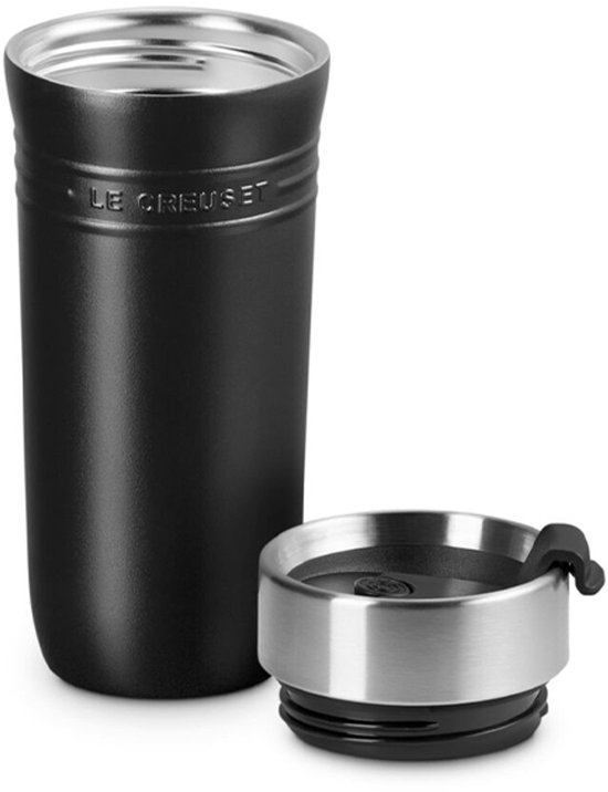 Zwarte thermosbeker met Le Creuset logo en een losse deksel.
