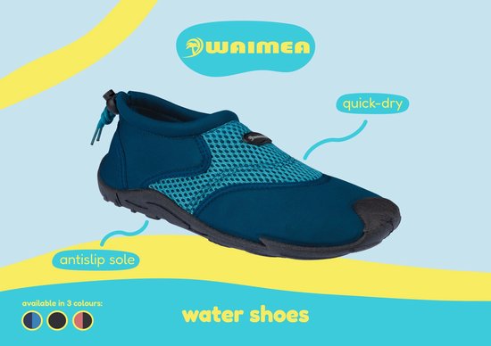 Blauwe waterschoenen met een antislipzool en sneldrogend mesh op de wreef. Verkrijgbaar in 3 kleuren.