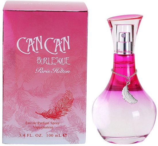Paris Hilton Can Can Burlesque Eau de Parfum Spray 100 ml. Glazen fles met roze vervaging, zilveren veertje bedel.