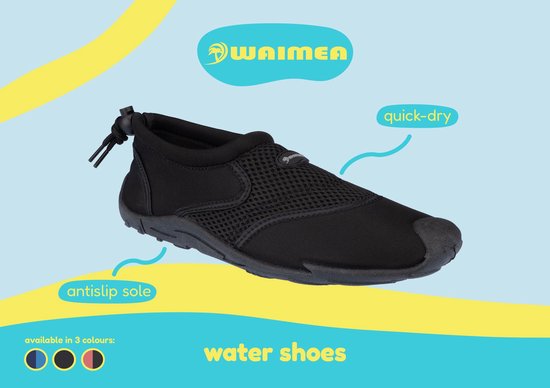 Zwarte waimea waterschoen met antislip zool en sneldrogend materiaal. Verkrijgbaar in 3 kleuren.