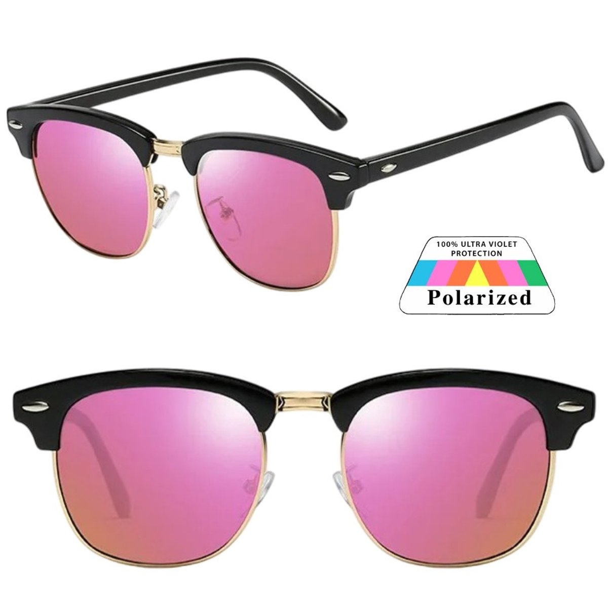 Fako Sunglasses® - Club Style Zonnebril - Polariserend - Dames - Heren - Zwart/Goud - Roze