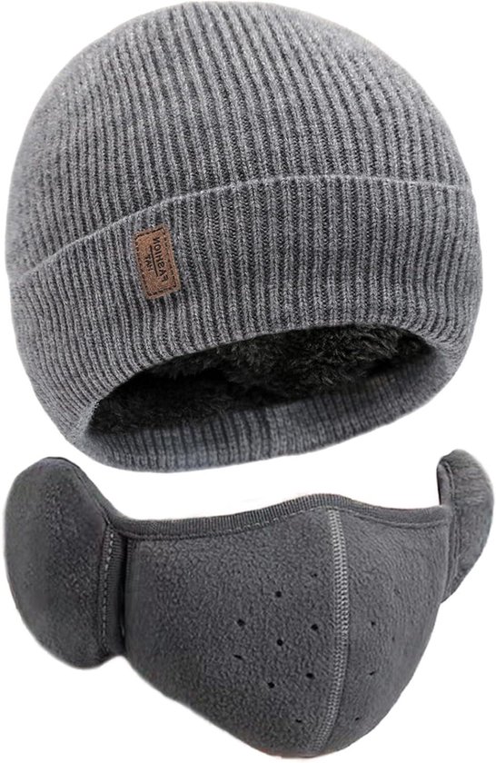 Bonnet extensible doux et plissé unisexe classique en laine avec doublure thermique, bonnet tricoté chaud pour femme et homme , Grijs , Grijs M - DKDDSSS