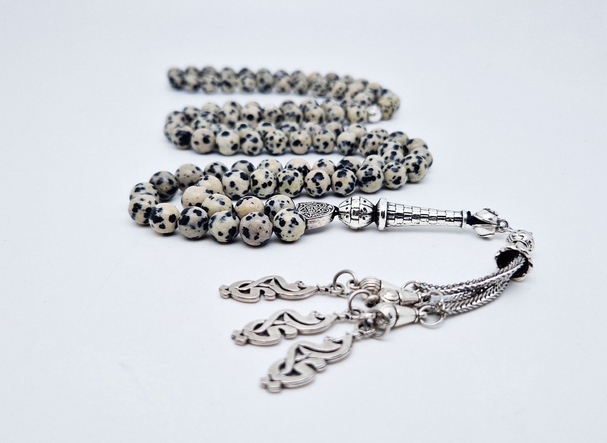 Handgemaakte tesbih "Tasbih" natuursteen " Jasper Dalmatin" - Aantal kralen 99 - Diameter kralen 8MM - met metaal tassel "Moeder" - Een mooi cadeau-idee
