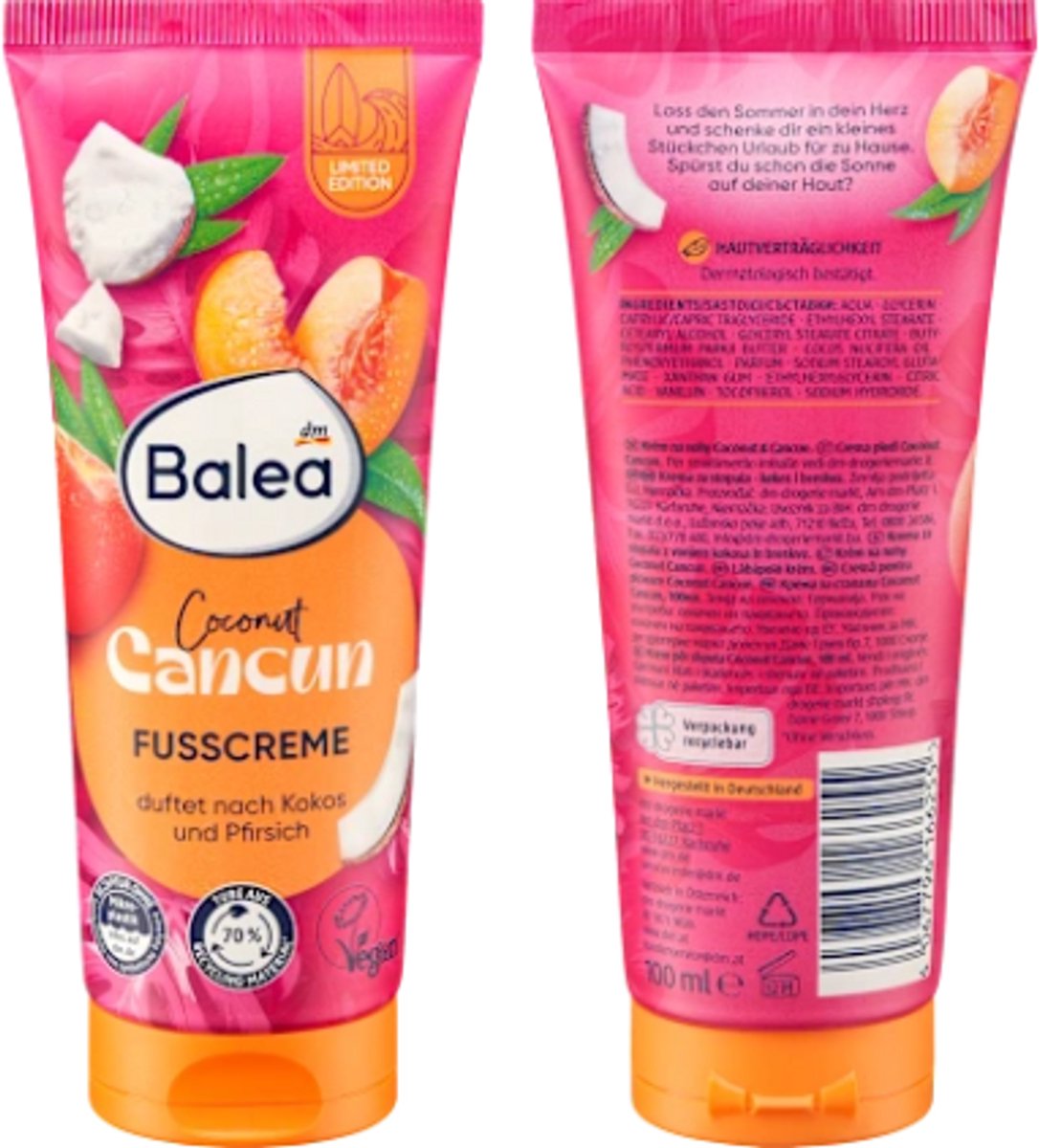 Balea Voetcrème Kokosnoot Cancun - Limited Edition 2025 | 1x 100 ml - Kokos en Perzikgeur | Verzachtend, Verzorgend met een Exotische Geur
