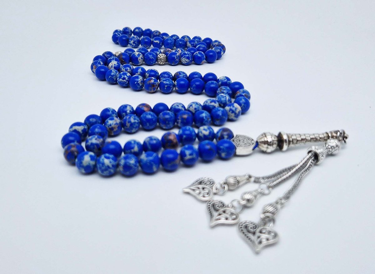 Handgemaakte tesbih "Tasbih" natuursteen " Lapis Lazuli" - Aantal kralen 99 - Diameter kralen 8MM - met metaal tassel "Harten" - Een mooi cadeau-idee