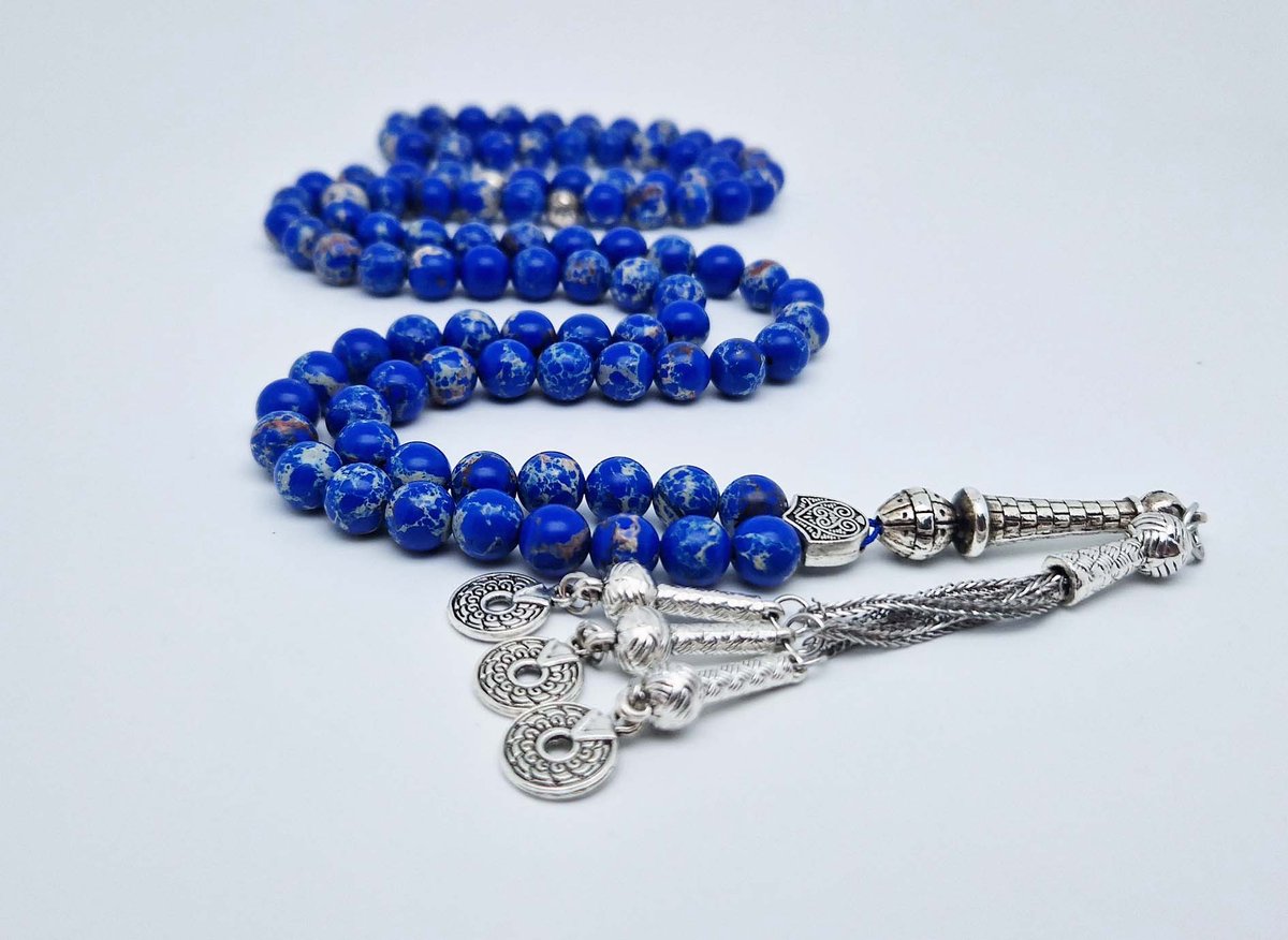 Handgemaakte tesbih "Tasbih" natuursteen " Lapis Lazuli" - Aantal kralen 99 - Diameter kralen 8MM - met metaal tassel "Cirkels" - Een mooi cadeau-idee