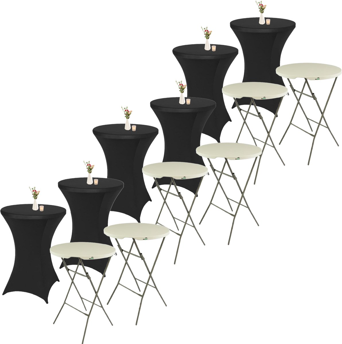 MaxxGarden Statafel - 6 stuks + cover - Cocktailtafel - Receptie Klaptafel - Receptietafel - Incl. 6x zwarte Statafelrok - ø80 x 115cm - Wit