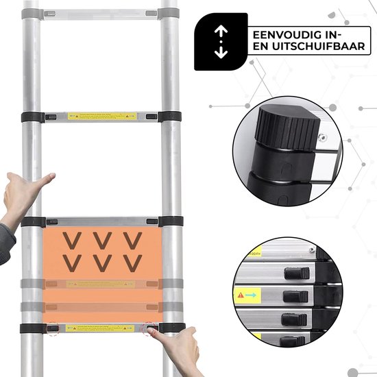 Demonstratie van de telescopische ladder die gemakkelijk in- en uitschuifbaar is, met een close-up van de vergrendelingsmechanismen.